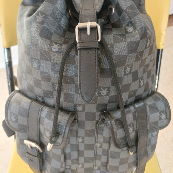 EGARA Vintage Leather Trim Monogram Backpack Checkered Black and Gray - Picture 3 of 13